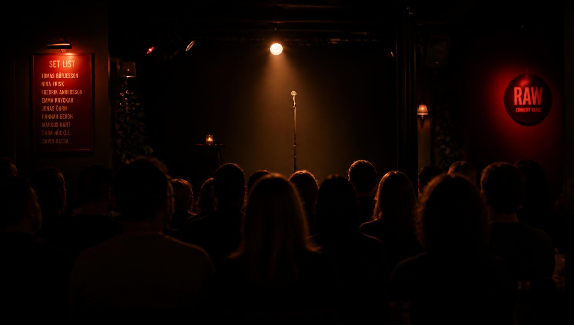 Publik i mörk comedyklubb framför en scen med mikrofon i spotlight